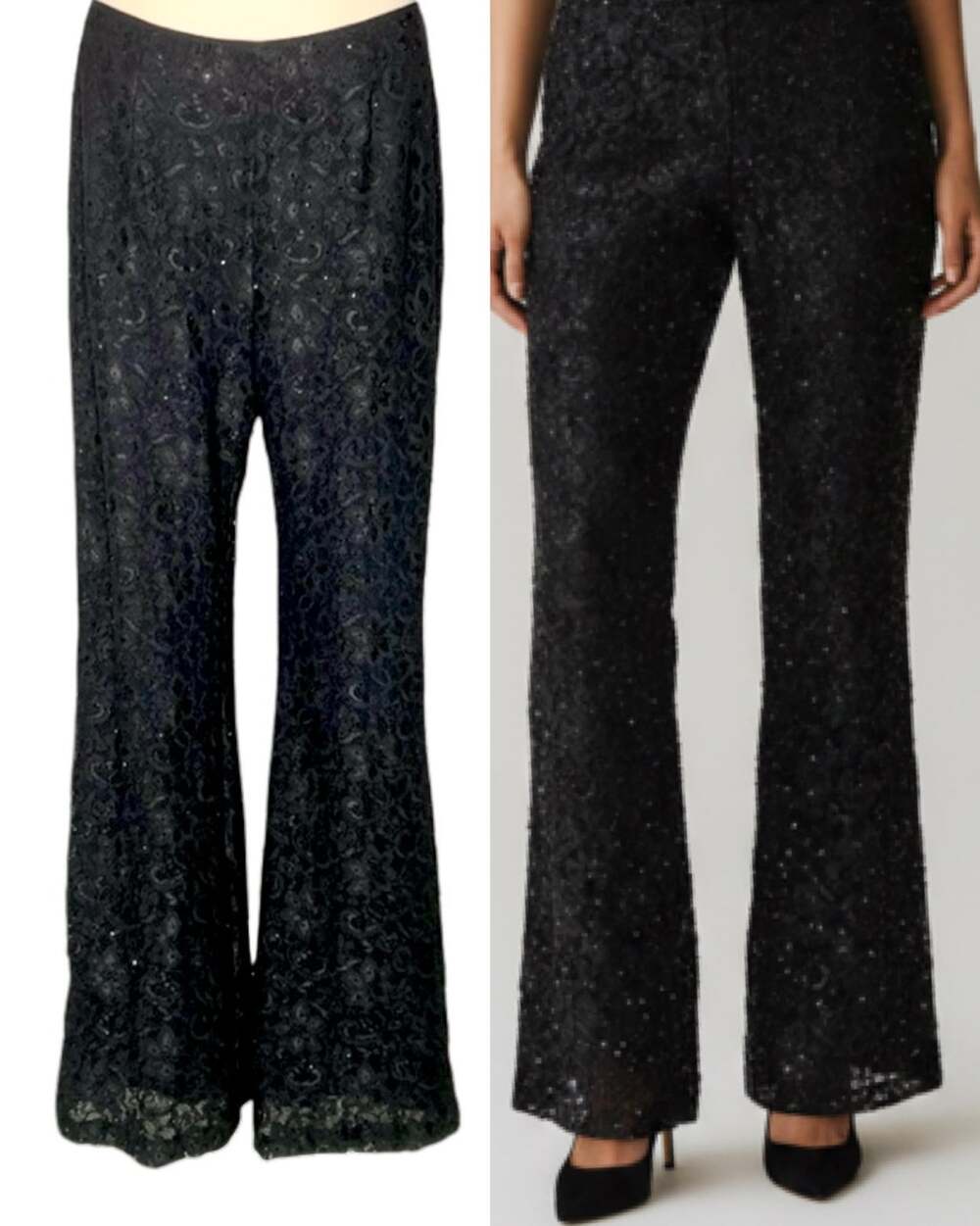 Papell Boutique Evening Beaded Lace Pants 12 Black Glimmer Stretchy Flare Party
